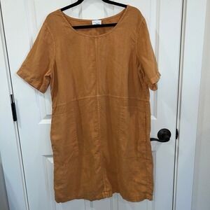 Pure Jill Garment Dyed Linen Short Sleeve Shift Dress Orange Size Large